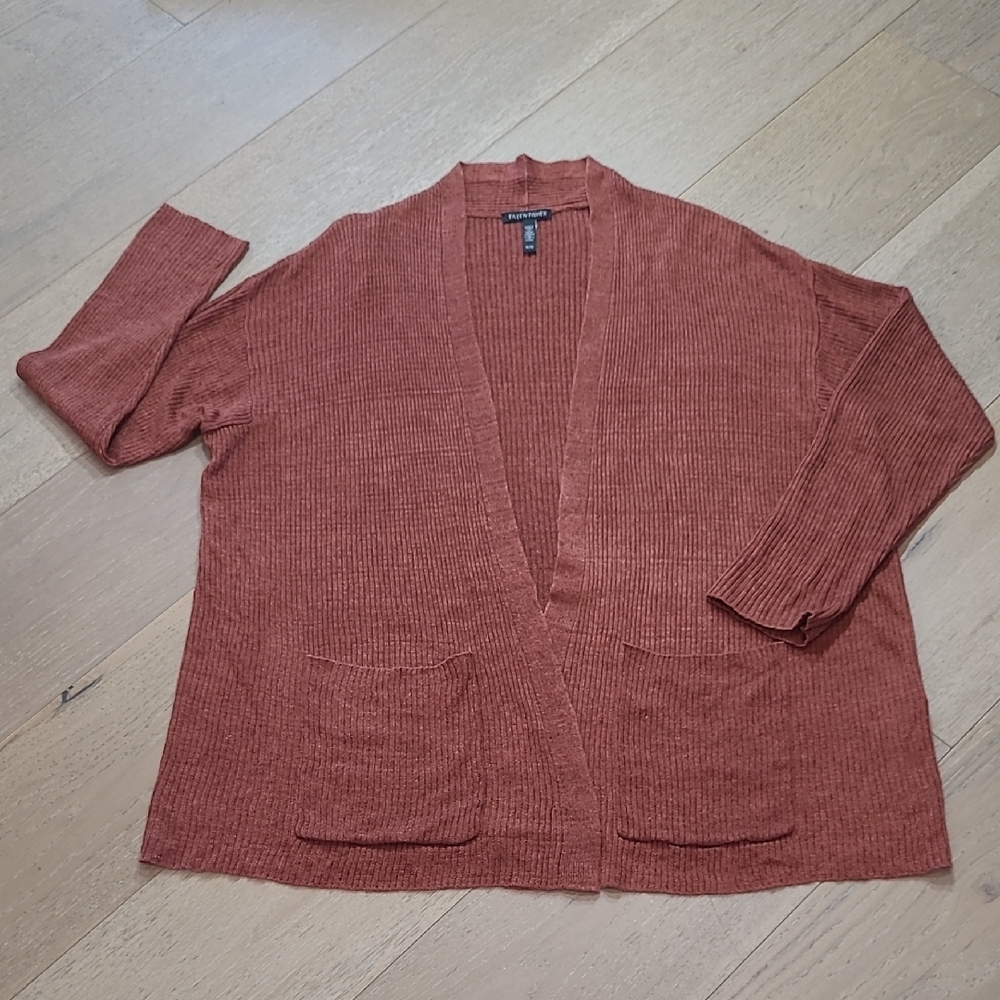 EUC Eileen Fisher Delave Cardigan Women's sz XL Brown Metallic Organic Linen